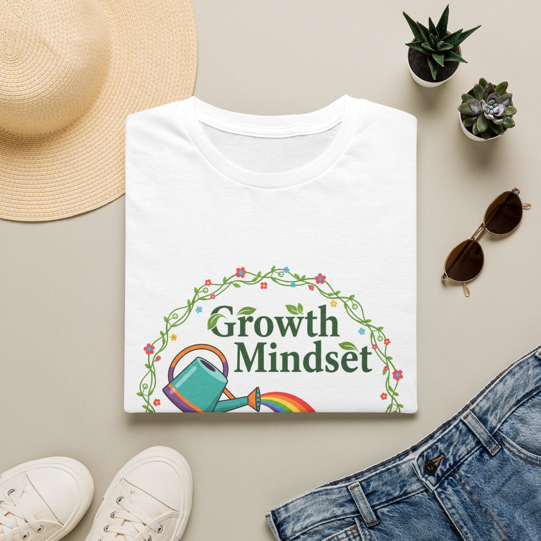 Growth Mindset T-Shirt — Watering Can & Rainbow Plant Graphic Tee