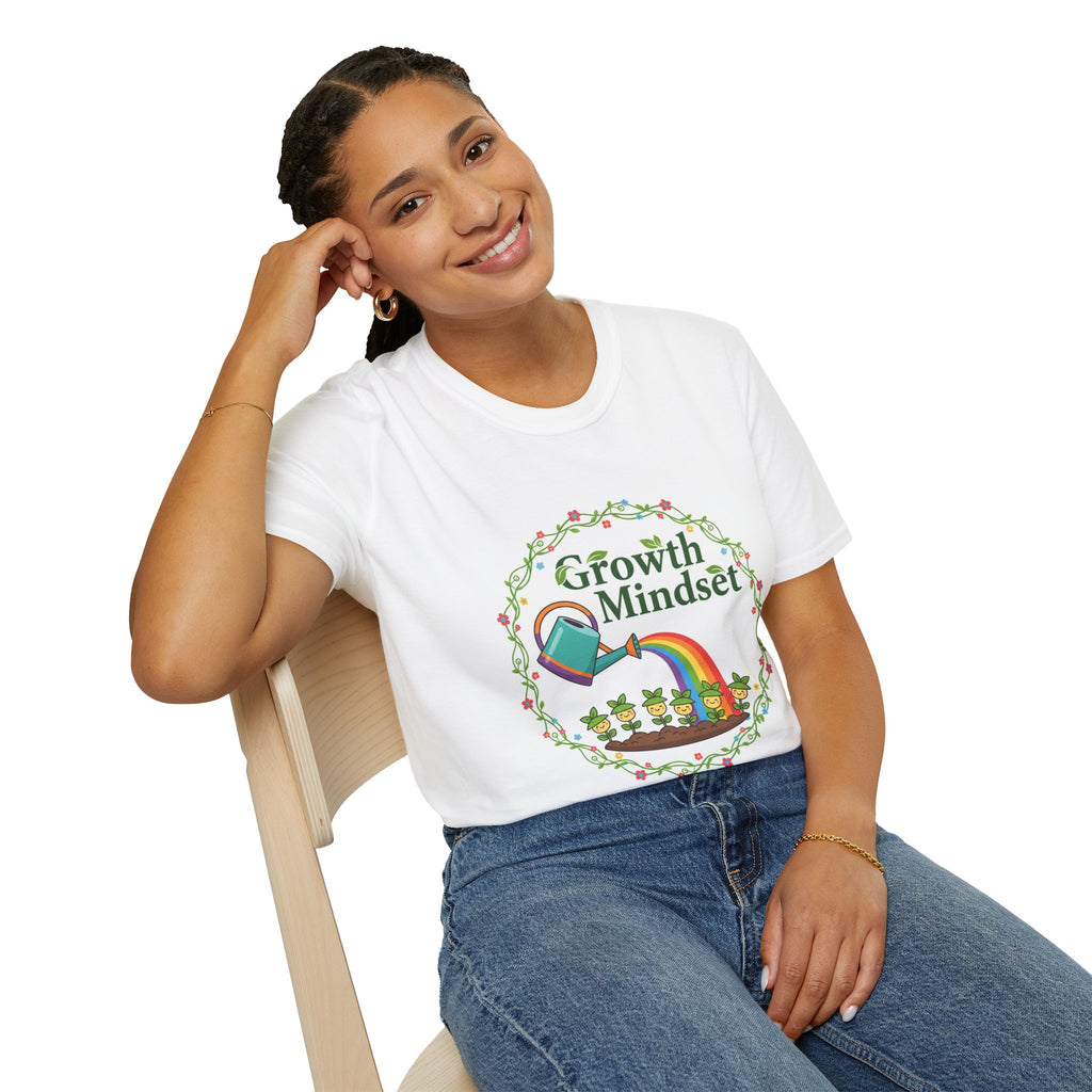 Growth Mindset T-Shirt — Watering Can & Rainbow Plant Graphic Tee
