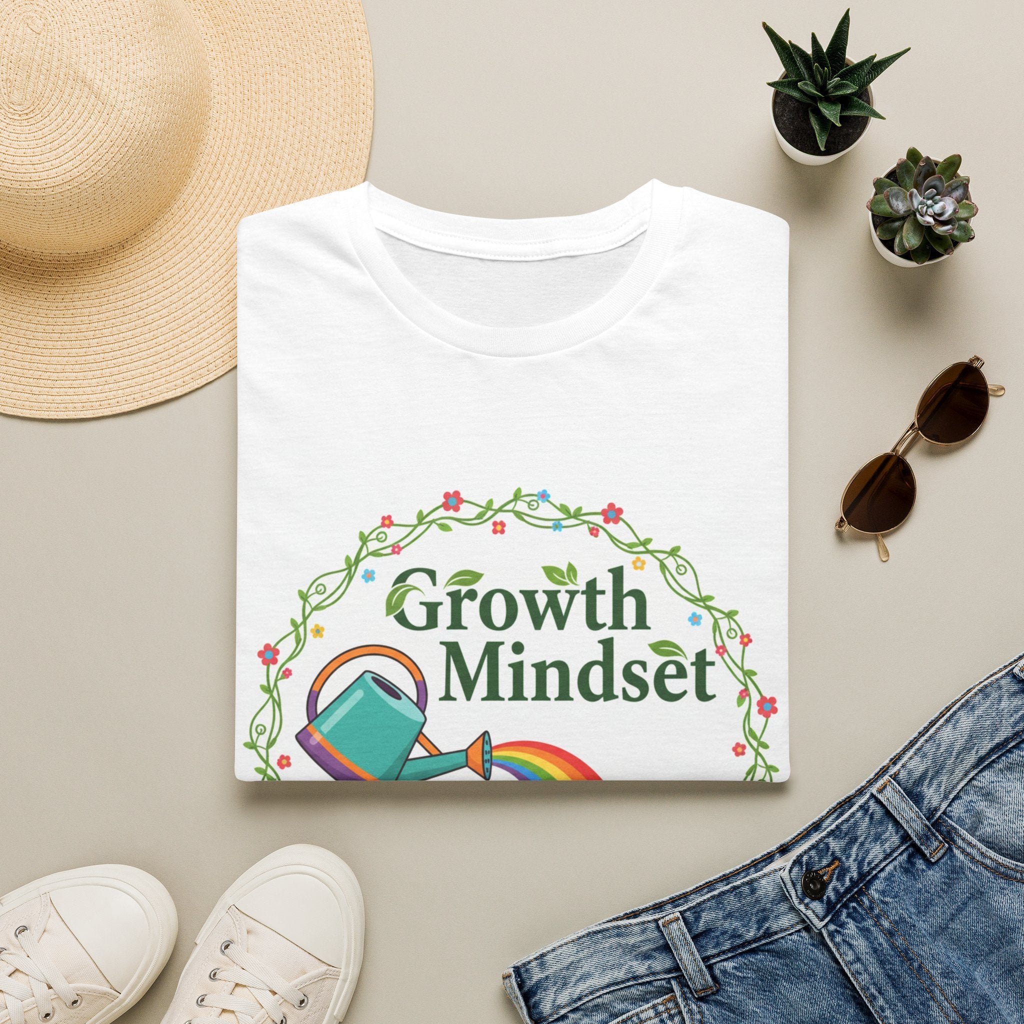Growth Mindset T-Shirt — Watering Can Rainbow Plant Graphic Tee
