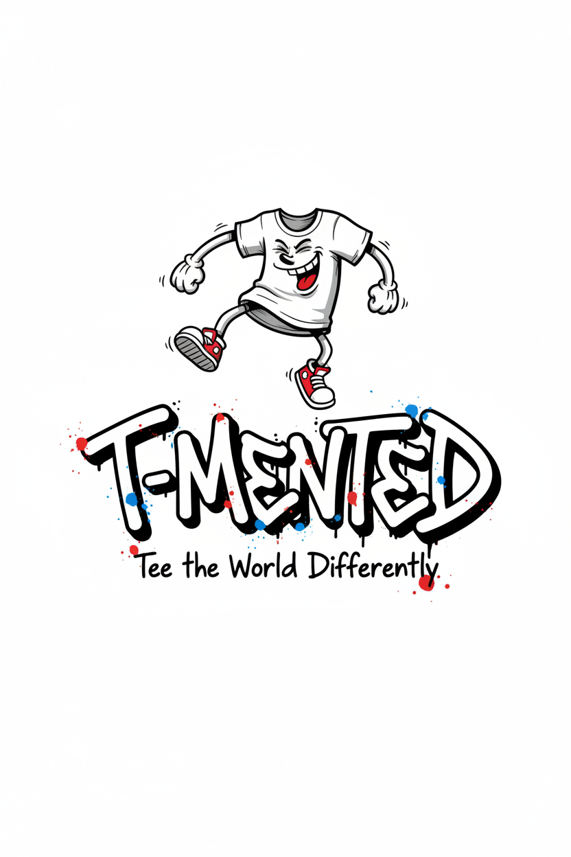 T-Mented logo - dancing tee shirt character with Tee the World Differently tagline