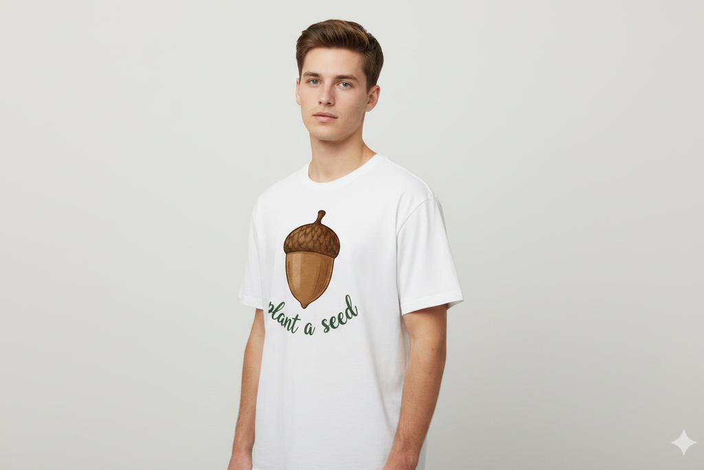 Front and back nature tee with acorn and oak tree illustration