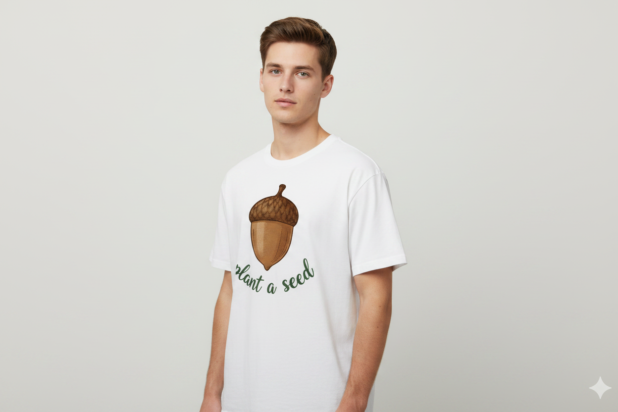 Front and back nature tee with acorn and oak tree illustration