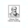Engraving style Socrates portrait with Greek key border and text I Know That I Know Nothing