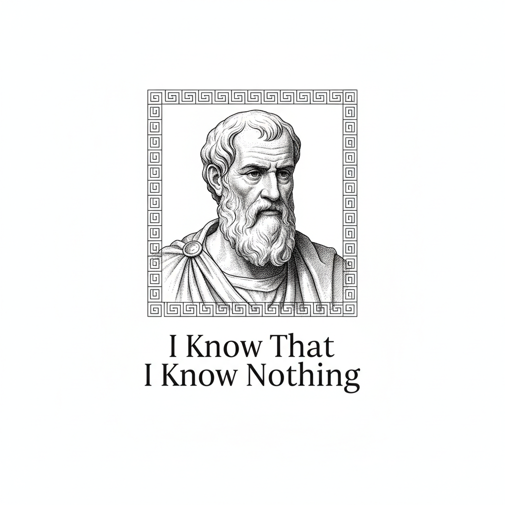 Engraving style Socrates portrait with Greek key border and text I Know That I Know Nothing