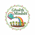 Colorful watering can with rainbow water pouring on seedlings and text Growth Mindset