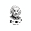Vintage engraving style Einstein portrait with E=mc² equation and text Trust Me