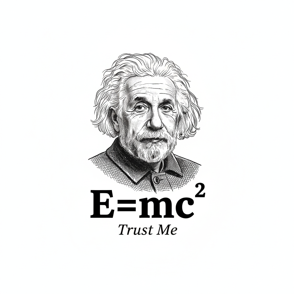 Vintage engraving style Einstein portrait with E=mc² equation and text Trust Me