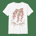 Refined cherry blossom branch illustration with text Life is Rosy