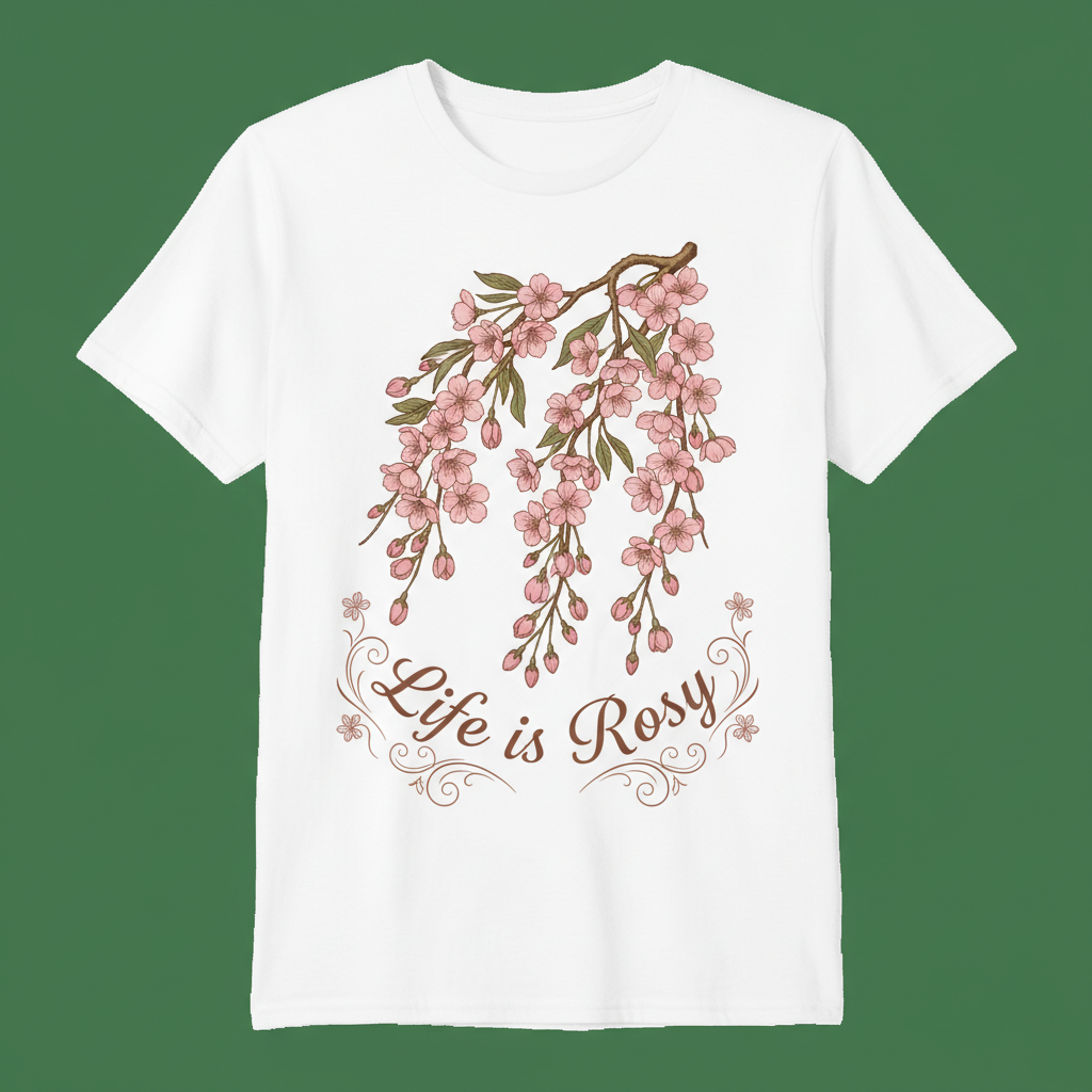Refined cherry blossom branch illustration with text Life is Rosy