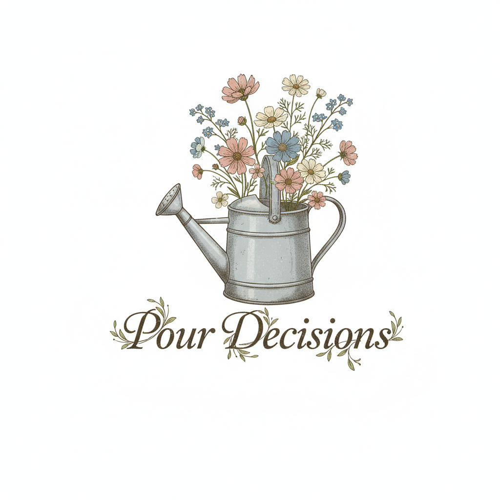 Vintage watering can with wildflowers growing from spout and text Pour Decisions