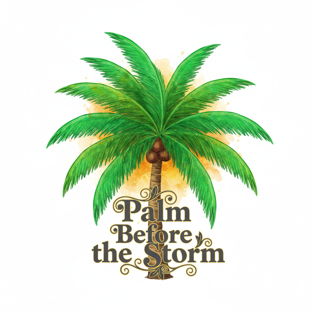Vibrant tropical palm tree illustration with text Palm Before the Storm