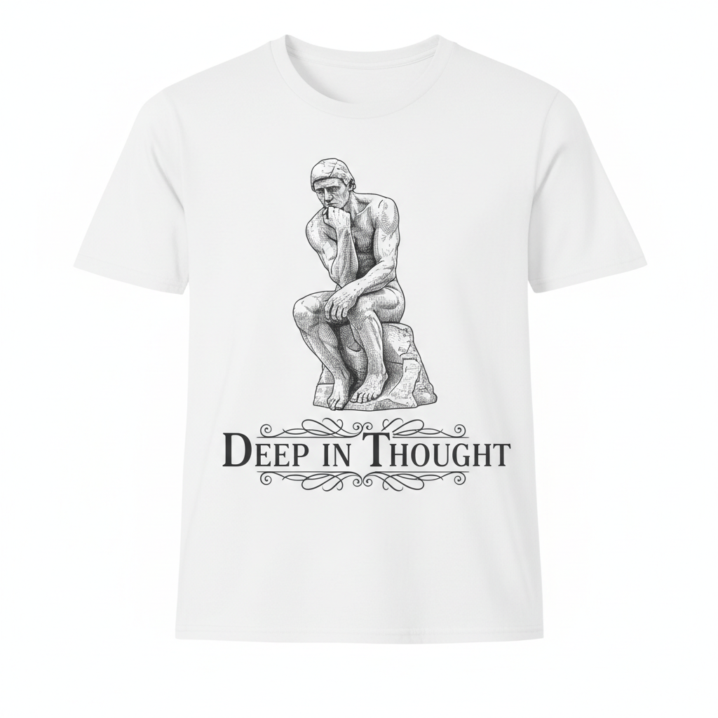 Classic engraving-style illustration of Rodin's The Thinker with text Deep in Thought
