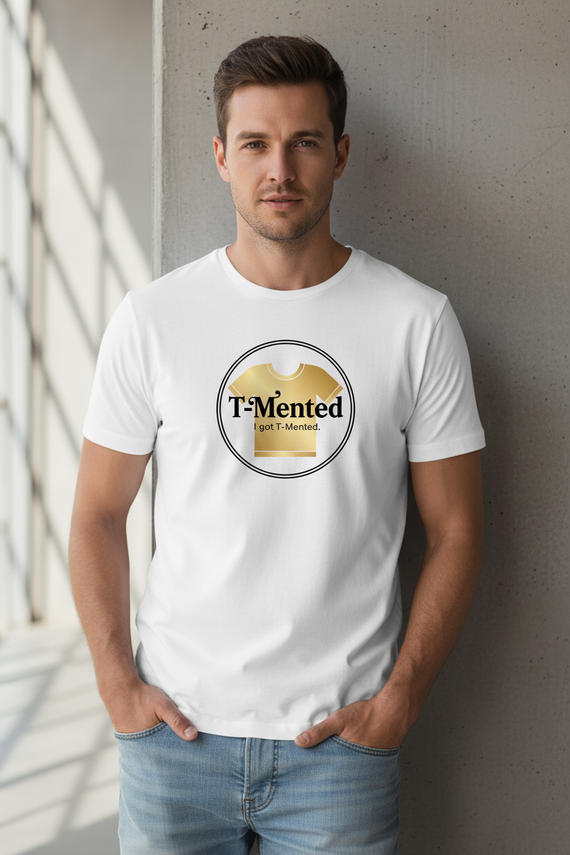 White t-shirt with T-Mented circular badge logo printed on chest