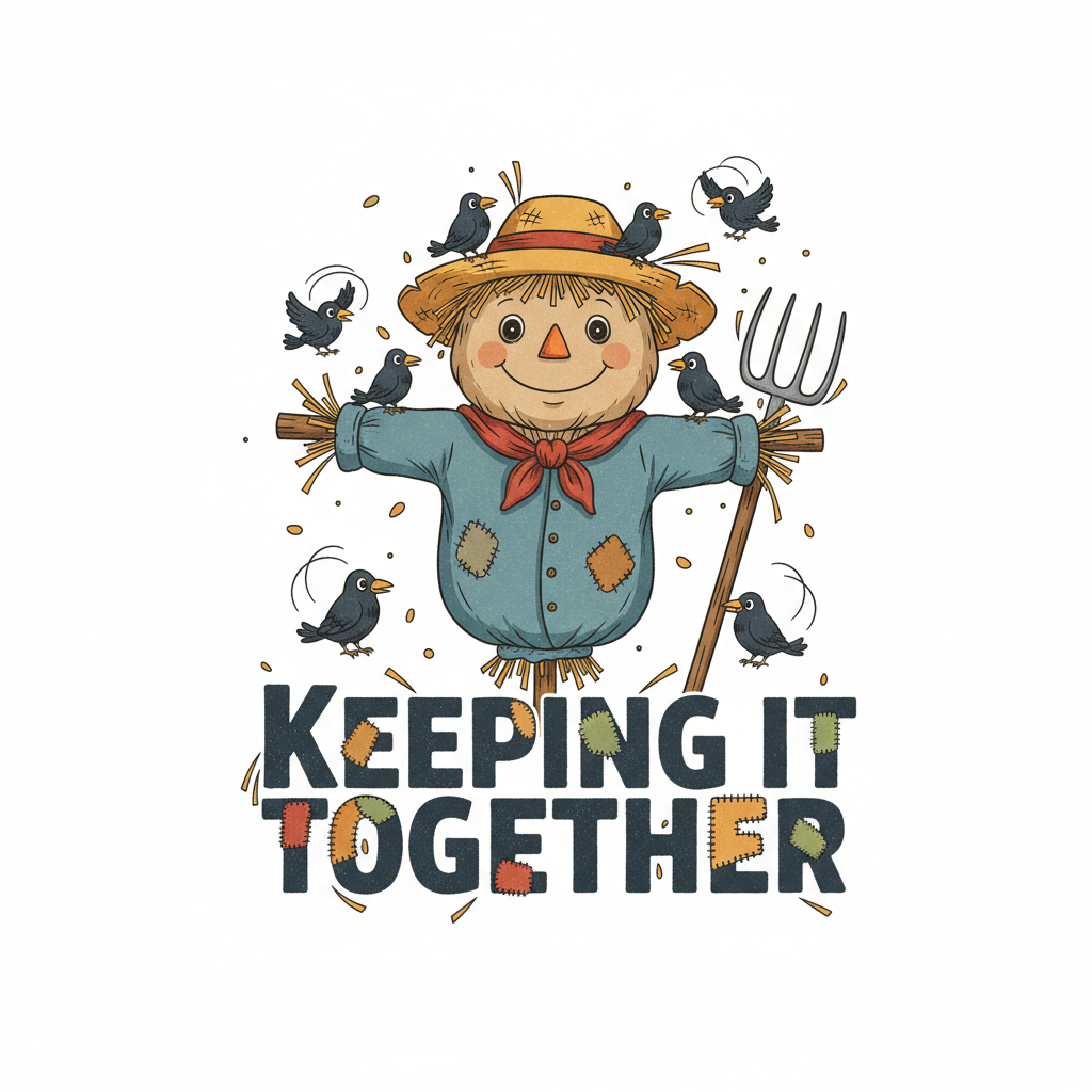 Vintage friendly scarecrow with crows and text Keeping It Together