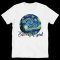 Van Gogh Starry Night inspired swirling sky illustration with text Starry Eyed