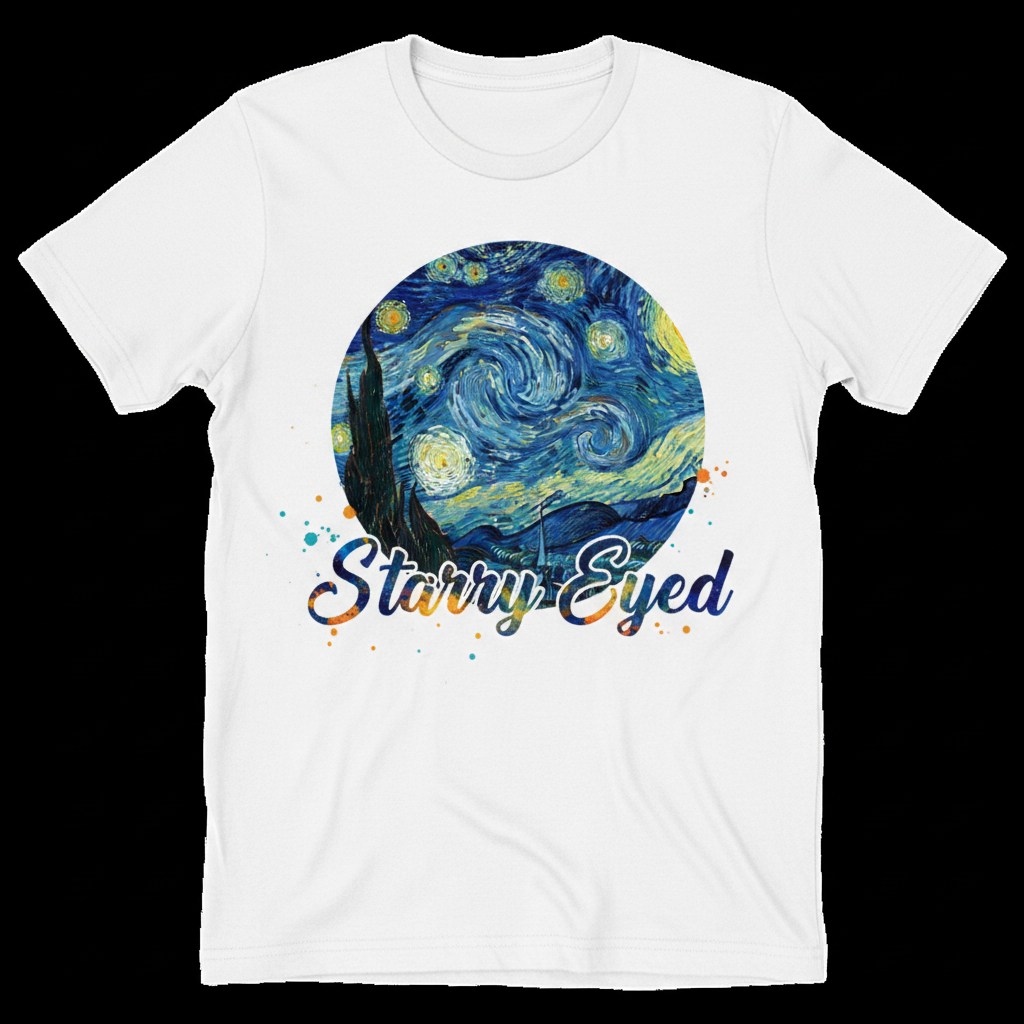 Van Gogh Starry Night inspired swirling sky illustration with text Starry Eyed