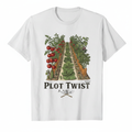 Vintage vegetable garden illustration with tomatoes carrots and zucchini and text Plot Twist