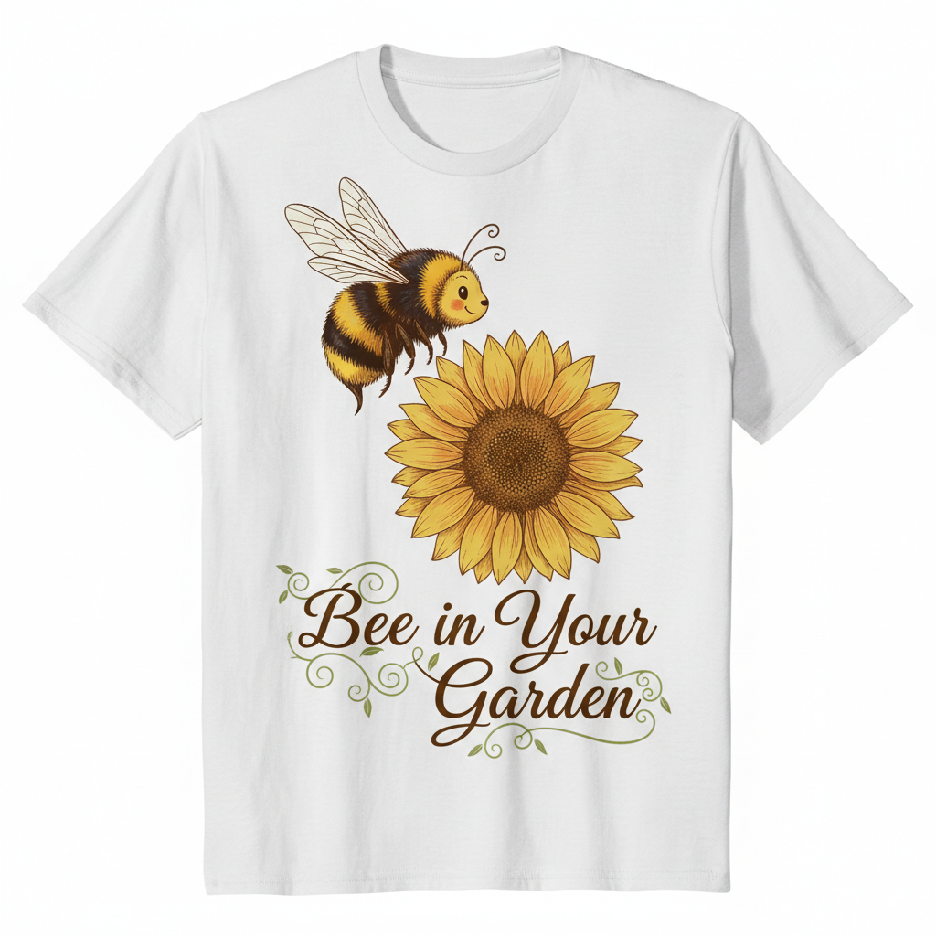 Fine-line bumble bee hovering over sunflower with text Bee in Your Garden