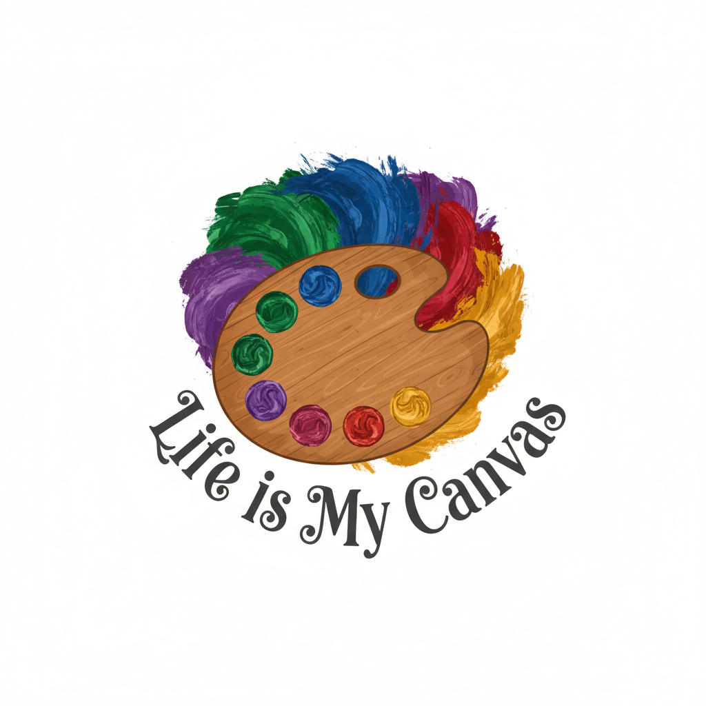 Vibrant painter's palette with jewel-tone paint strokes and text Life is My Canvas