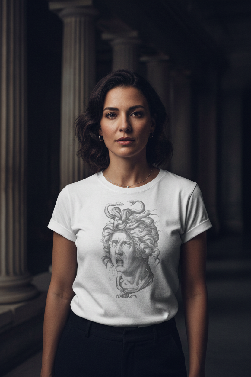 Person wearing Medusa Halloween graphic tee in a dramatic dark setting
