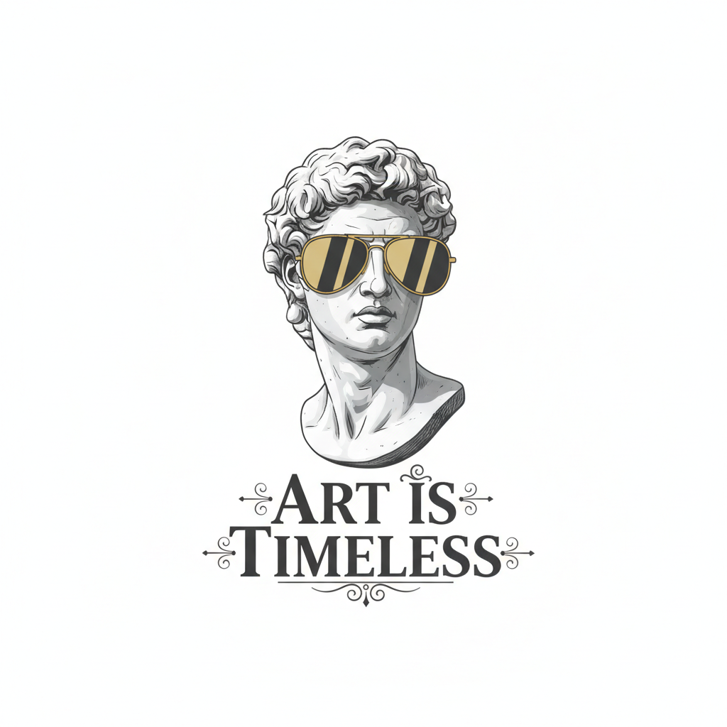 Classical marble bust with modern sunglasses and text Art is Timeless