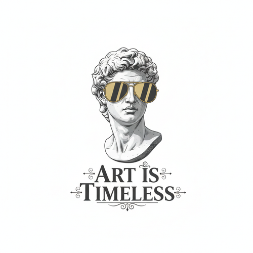 Classical marble bust with modern sunglasses and text Art is Timeless