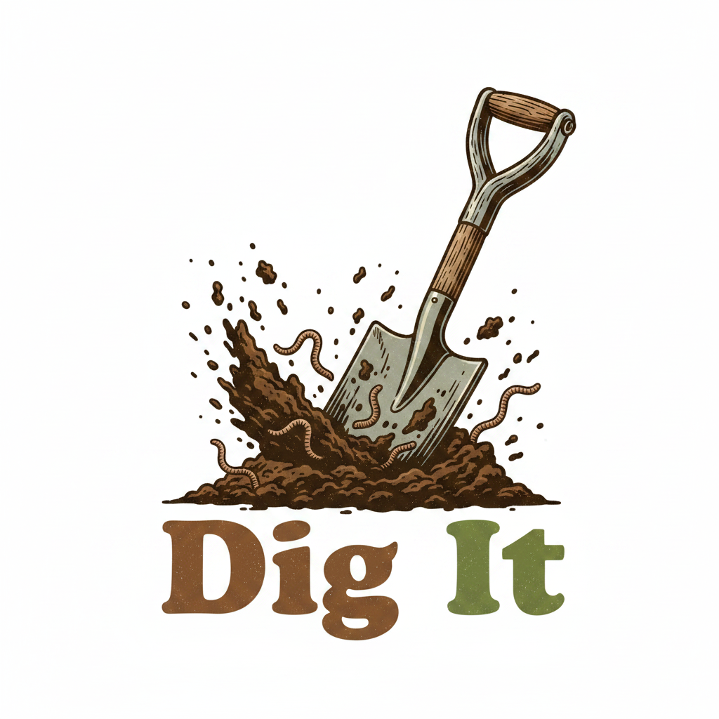 Bold vintage spade digging into dark soil with earthworms and text Dig It