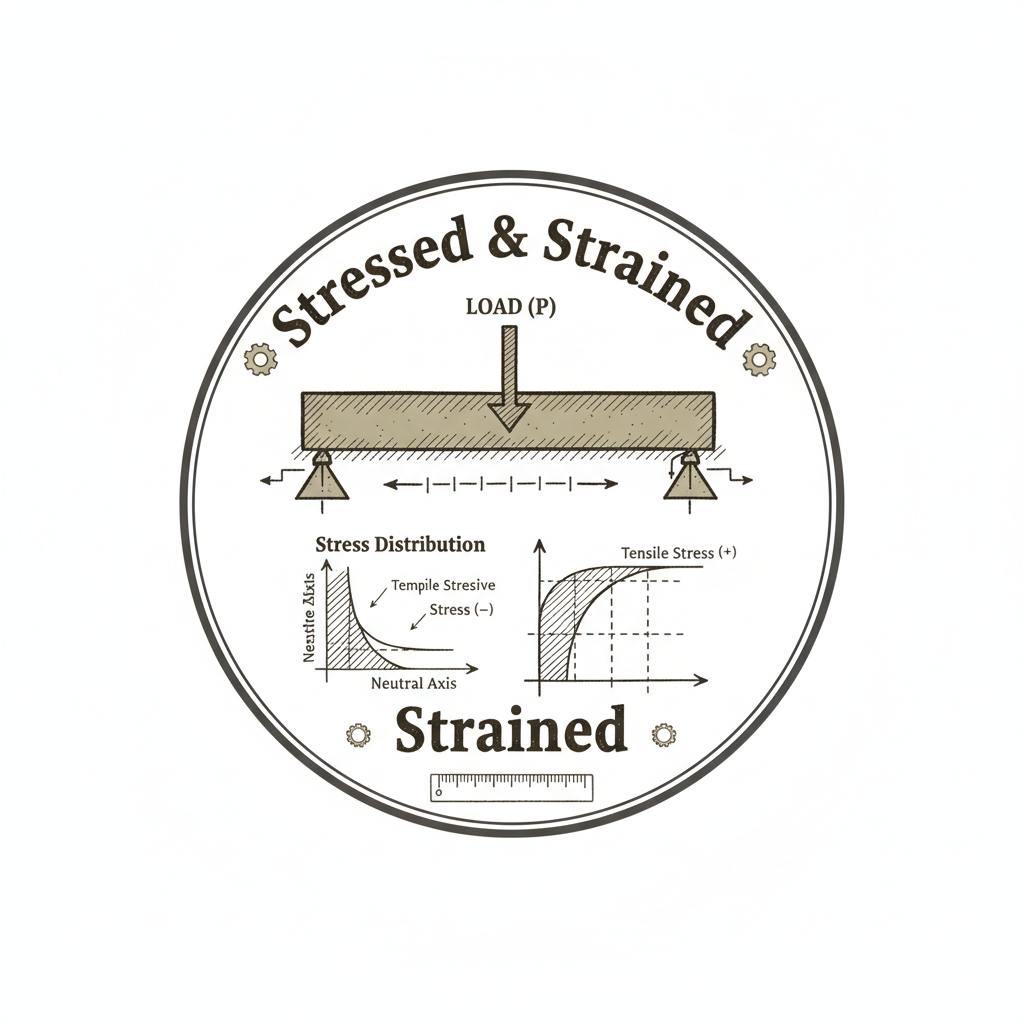 Vintage engineering beam stress diagram illustration with text Stressed and Strained