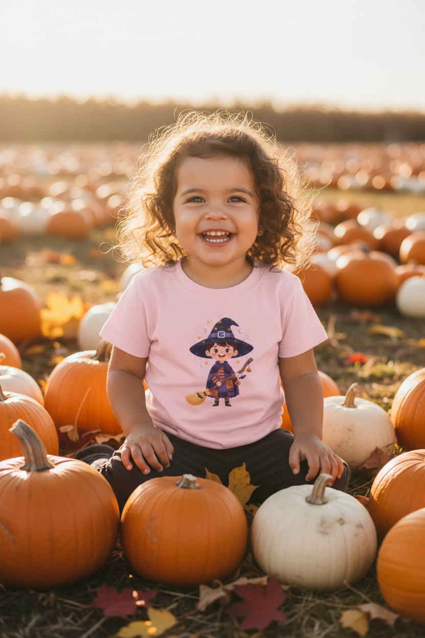 Toddler wearing Magical Witch Halloween tee in a pumpkin patch