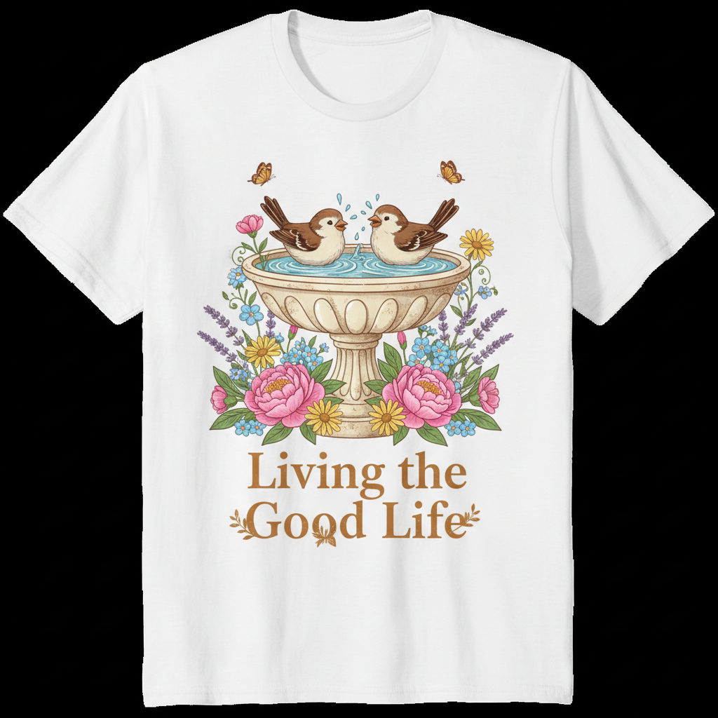 Vintage bird bath with sparrows splashing and flowers and text Living the Good Life