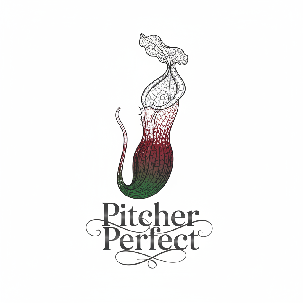 Elegant fine-line pitcher plant illustration with text Pitcher Perfect