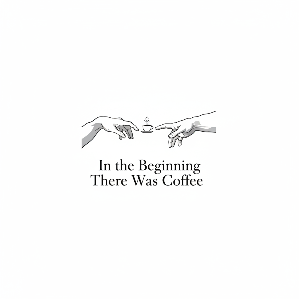 Fine-line Creation of Adam hands with coffee cup illustration and text In the Beginning There Was Coffee