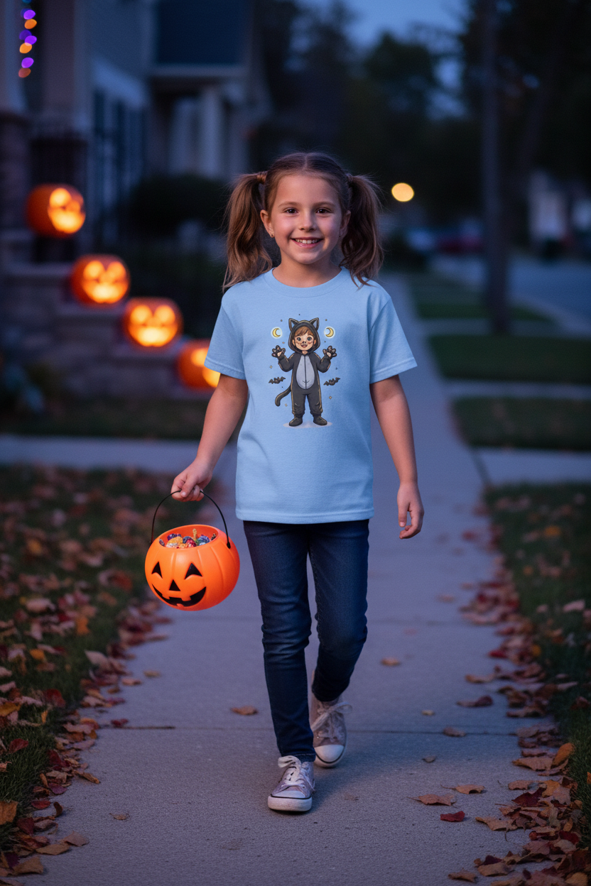 Child wearing Cool Scary Cat Halloween kids tee while trick-or-treating