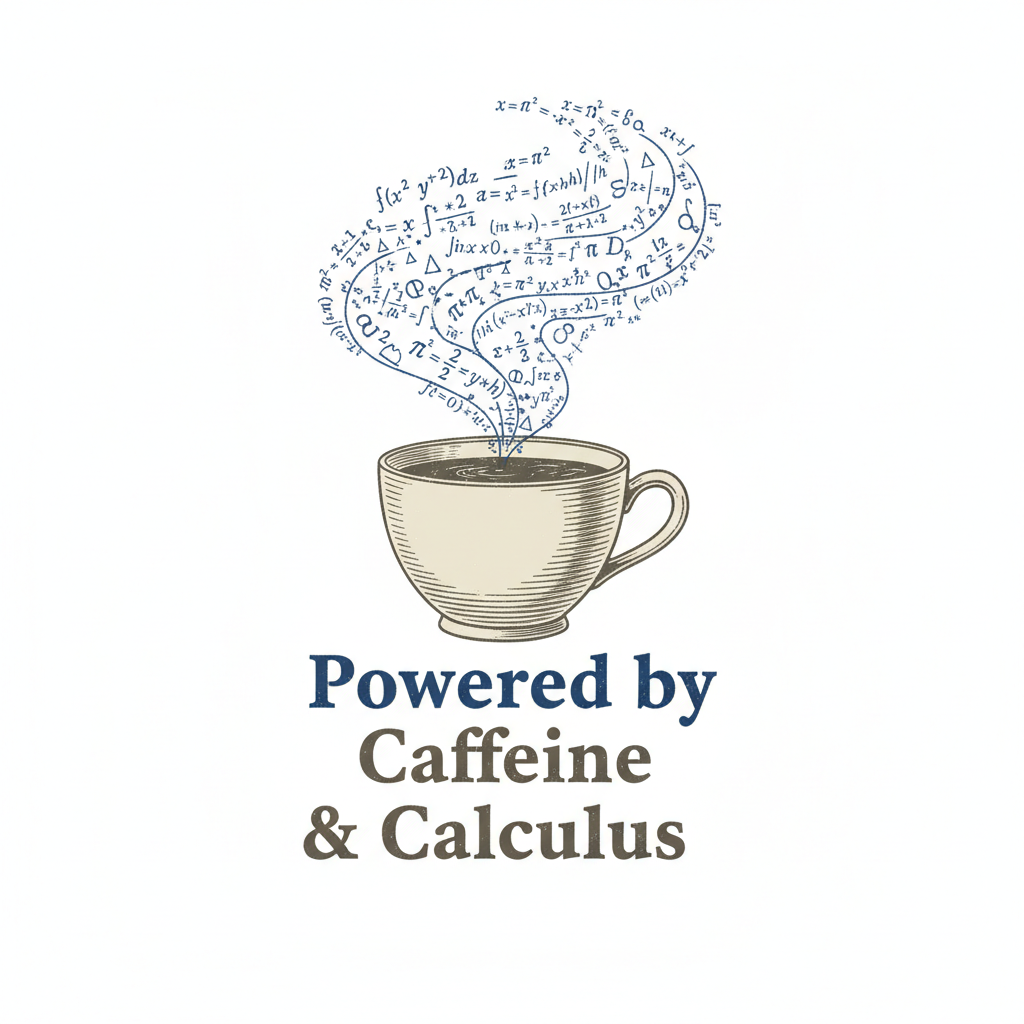 Vintage coffee cup with calculus equations in steam and text Powered by Caffeine and Calculus