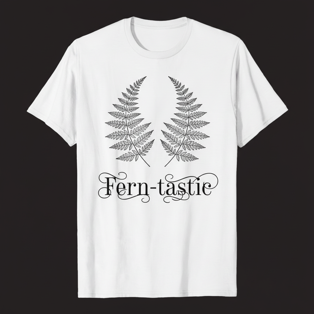 Symmetrical fine-line fern frond illustration with text Fern-tastic