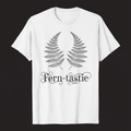 Symmetrical fine-line fern frond illustration with text Fern-tastic