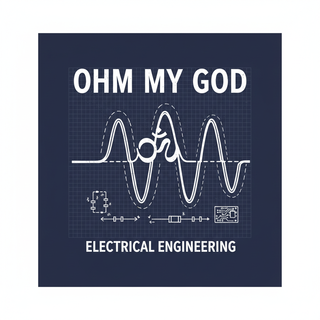 Blueprint style sine wave and ohm symbol on navy with text Ohm My God