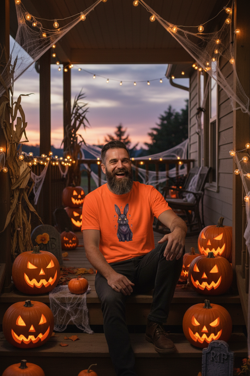 Person wearing Evil Bunny Halloween graphic tee on a Halloween porch