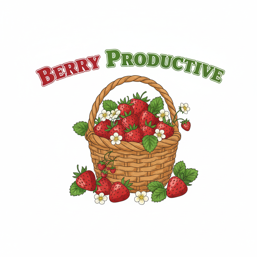 Vibrant garden basket overflowing with fresh strawberries and text Berry Productive