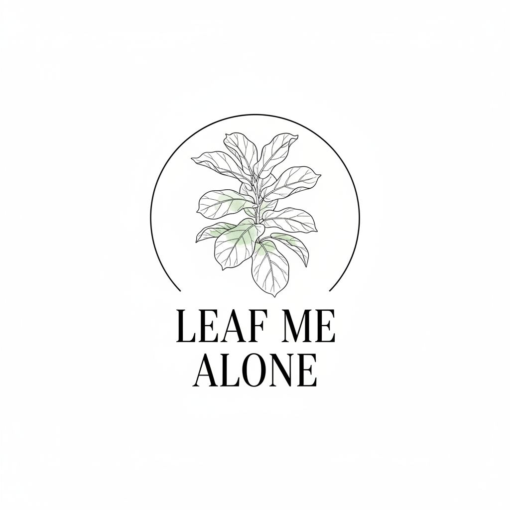 Elegant fine-line fiddle leaf fig illustration with text Leaf Me Alone