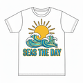 Refined coastal sun and waves illustration with text Seas the Day