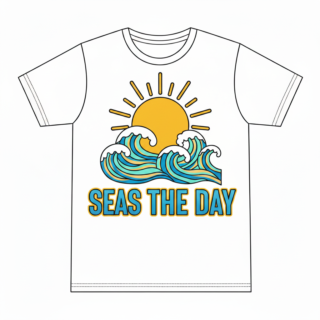 Refined coastal sun and waves illustration with text Seas the Day