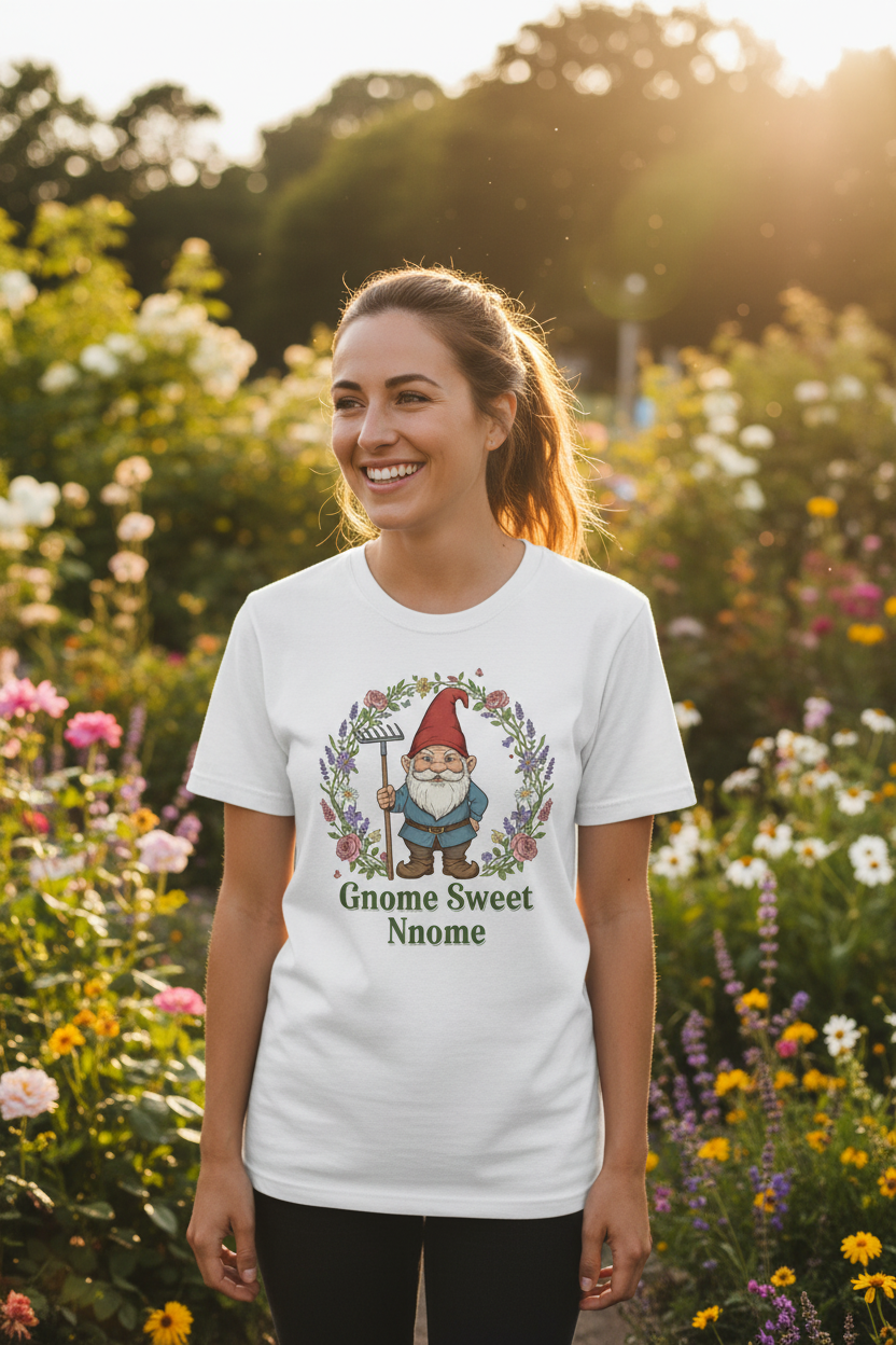 Smiling woman wearing Gnome Sweet Gnome graphic tee in a garden setting