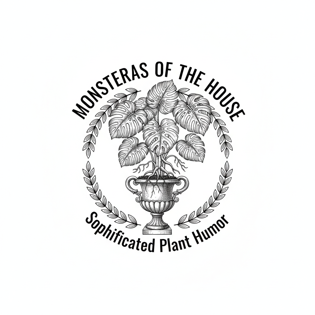 Engraving-style potted monstera illustration with text Monsteras of the House
