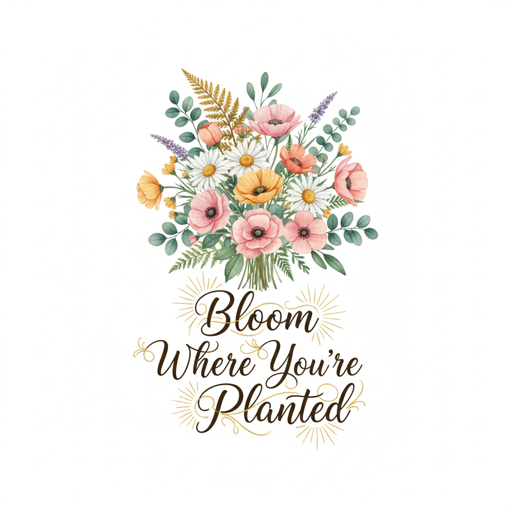 Colorful watercolor wildflower bouquet with ornate script text Bloom Where You're Planted