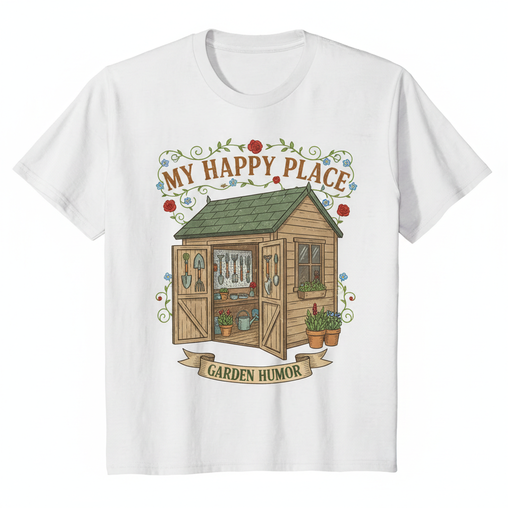 Vintage garden shed illustration with tools and vine accents and text My Happy Place