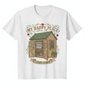 Vintage garden shed illustration with tools and vine accents and text My Happy Place