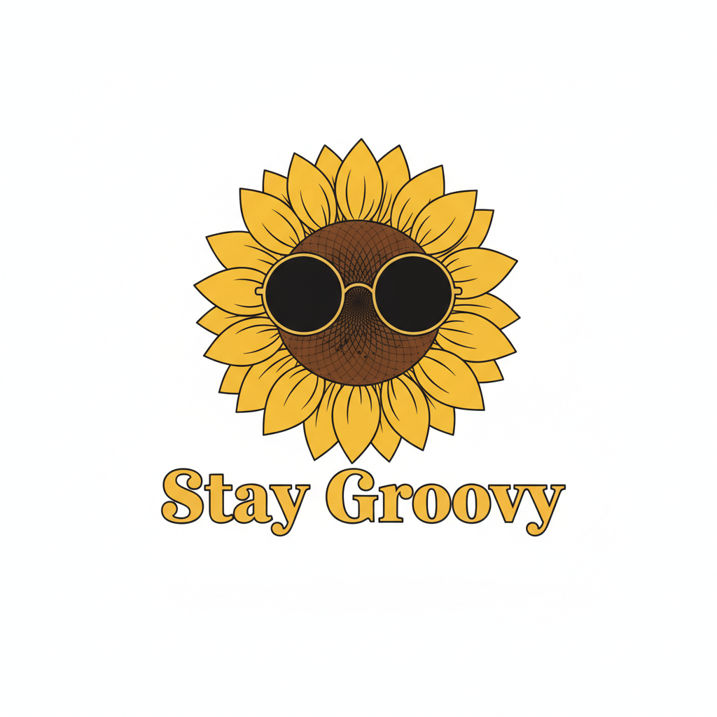 Charming vintage sunflower with sunglasses illustration with text Stay Groovy