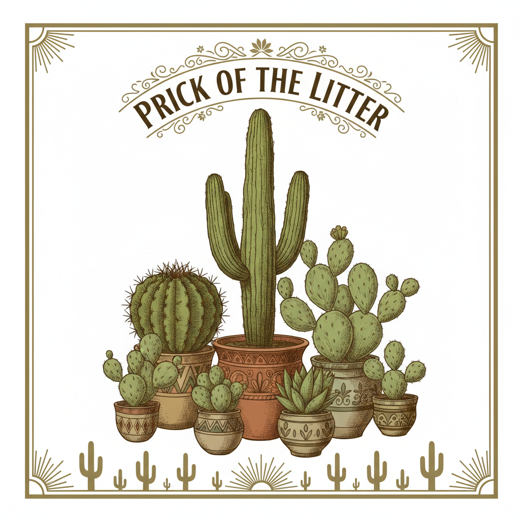 Vintage illustration of cactus family in decorative pots with text Prick of the Litter