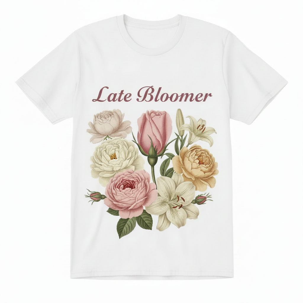 Vintage botanical illustration of a flower bud blooming among full flowers with text Late Bloomer
